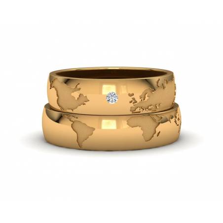 World Map Wedding Bands 18k yellow gold 5mm with a diamond accent
