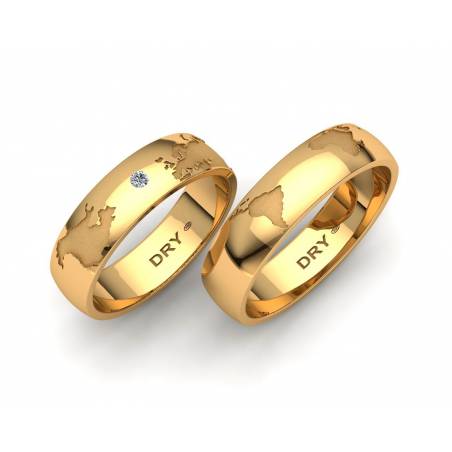 Stunning World Map Wedding Bands 18k yellow gold 5mm with a diamond accent