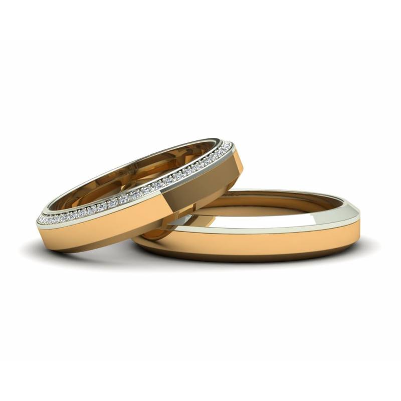 Un diseño súper elegante de alianzas de boda con diamantes oro amarillo y blanco 18k con un ancho de 4mm