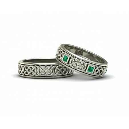 Emerald 18k white gold celtic wedding rings