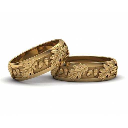 Originales anillos de boda con hojas de roble en oro amarillo de 18 quilates con un ancho de 6 milímetros
