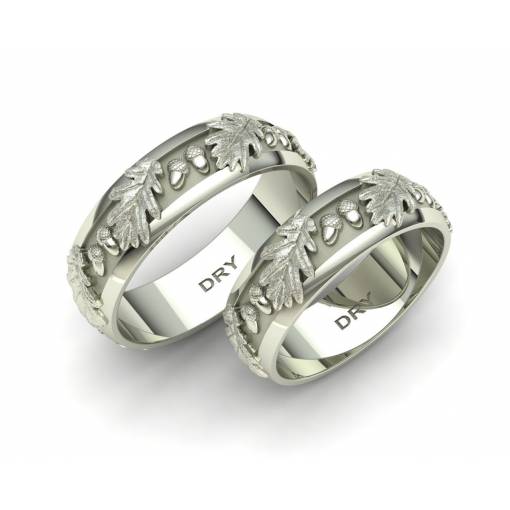 Originales anillos de boda con hojas de roble en oro blanco de 18 quilates con un ancho de 6 milímetros
