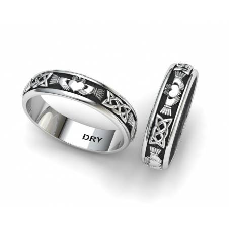 Aged silver Claddagh wedding rings width 5 millimeters