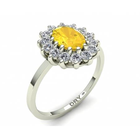 Anillo clasico rosetón con citrino y diamantes en oro blanco de 18k