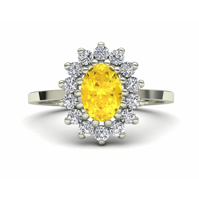 Anillo diseño clásico rosetón con citrino y diamantes en oro blanco de 18k